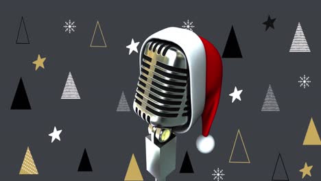 Animation-of-microphone-with-santa-hat-over-christmas-trees