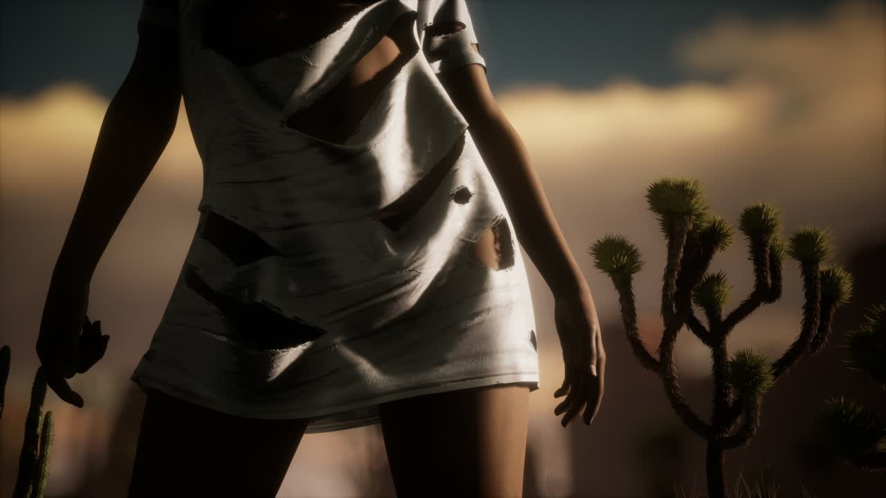 mujer con camisa rasgada de pie junto a un cactus en el desierto al atardecer