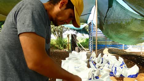 persona poniendo humus en la mano, llevándosela a la nariz y oliéndola