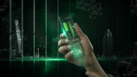 teléfono móvil futurista en la mano contra un fondo generado digitalmente