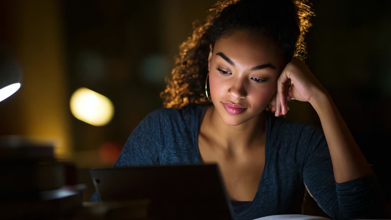 Una giovane donna è concentrata profondamente nella lettura su un tablet in un ambiente scarsamente illuminato, trasmettendo un'atmosfera serena e studiosa, catturando la bellezza della concentrazione e della quiete riflessione nella sua espressione.