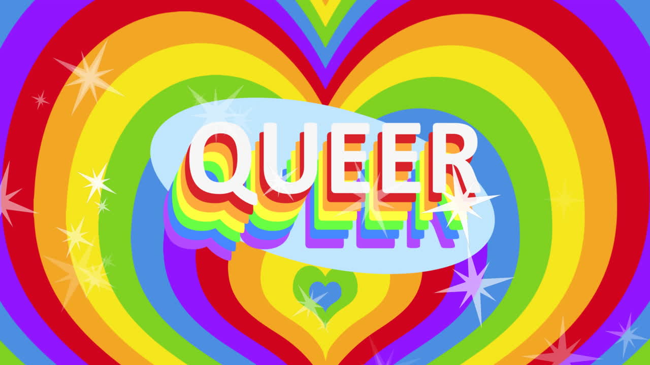 Animaatio queer- ja LGBTQ-tekstistä sekä putoavista tähdistä sateenkaaritaustan päällä