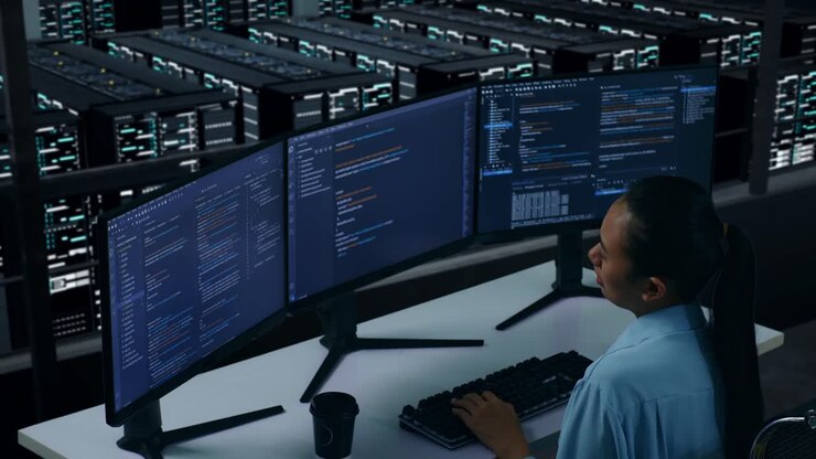 Side View Of Tired Asian Woman Developer Stretching While Write Code With Multiple Computer Screens In Data Center