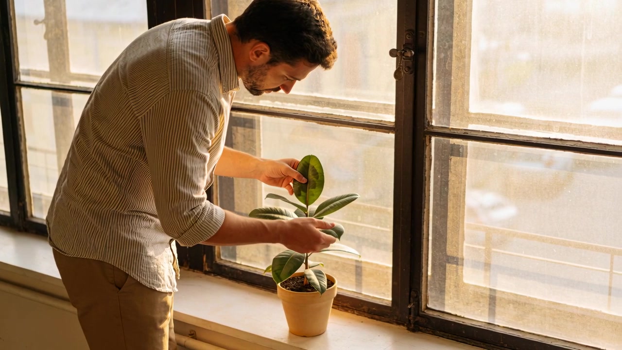 Spotting leaf, man in striped shirt inspecting plant leaves on windowsill, checking soil for care
