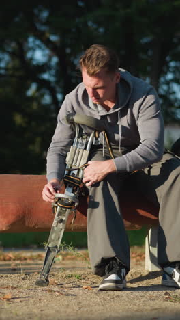 hombre sentado en un banco del parque al aire libre con sudadera y pantalones grises, centrado en trabajar con pilotes cargados de resorte en un entorno pacífico rodeado de árboles y vegetación, mostrando concentración
