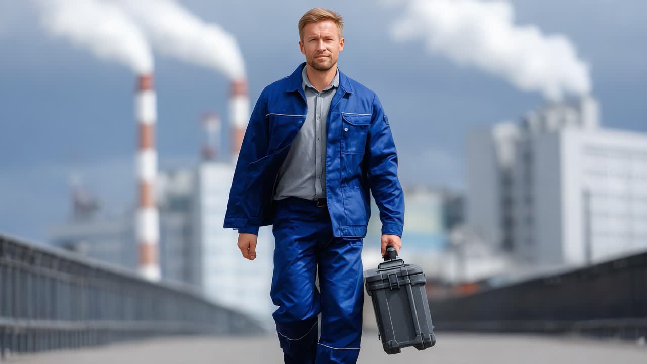 A confident worker strides purposefully towards the camera while holding a tool case, with industrial smokestacks and a cloudy sky creating a dynamic, industrious backdrop