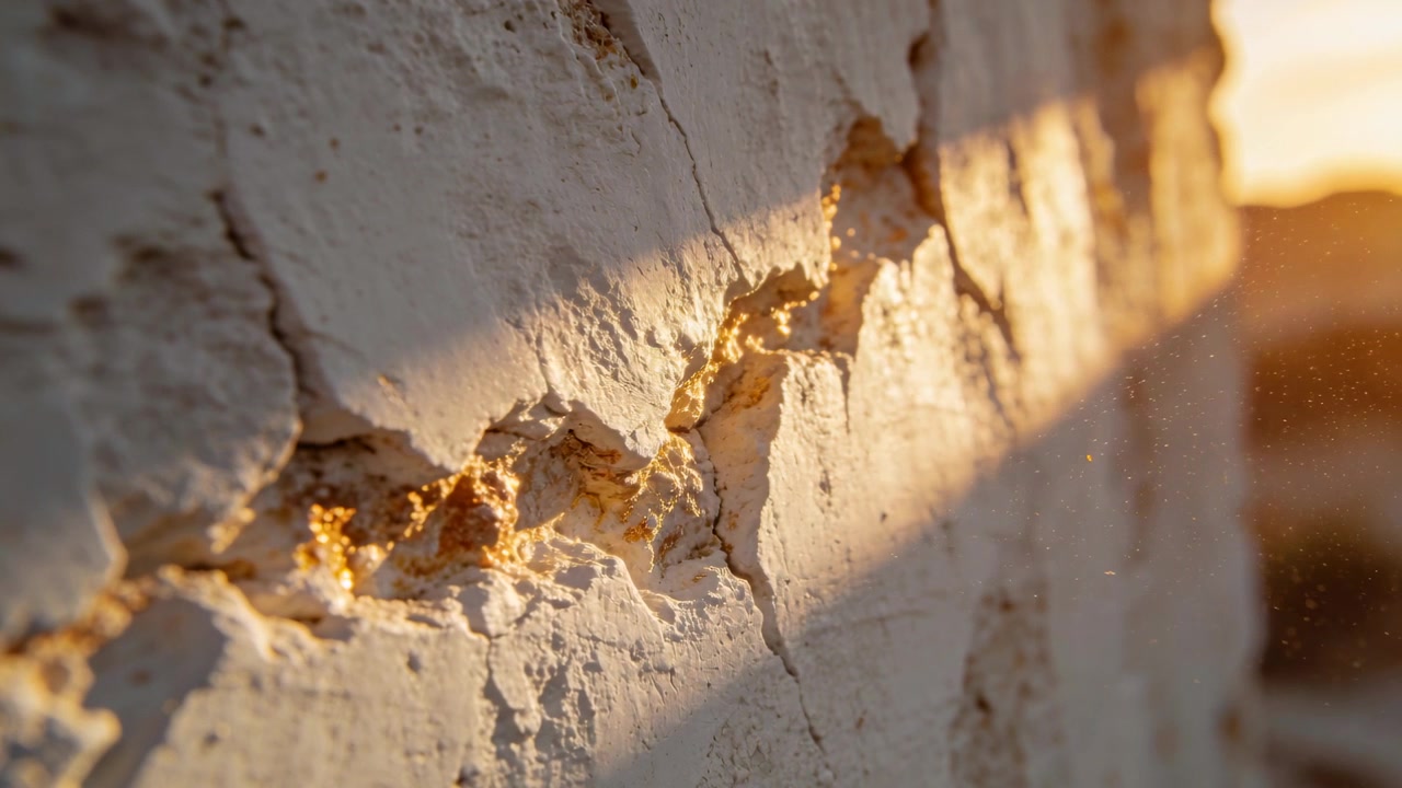Una parete esterna intonacata in evidenza, che mostra la malta a vista, cattura la luce solare radente e la polvere brilla.