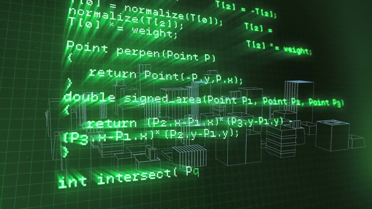 Animation of digital data processing over 3d cityscape spinning