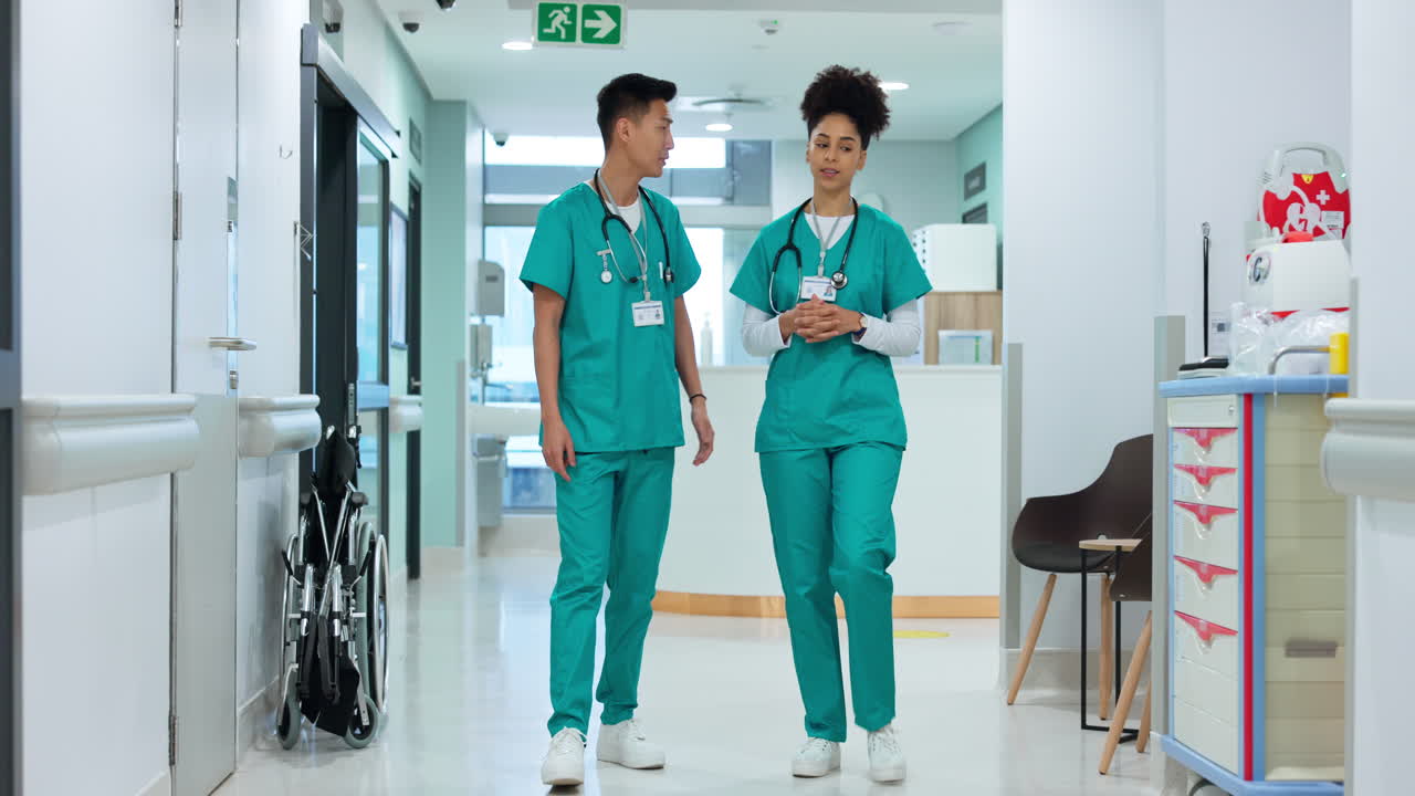 Hospital, nurse and people in corridor walking
