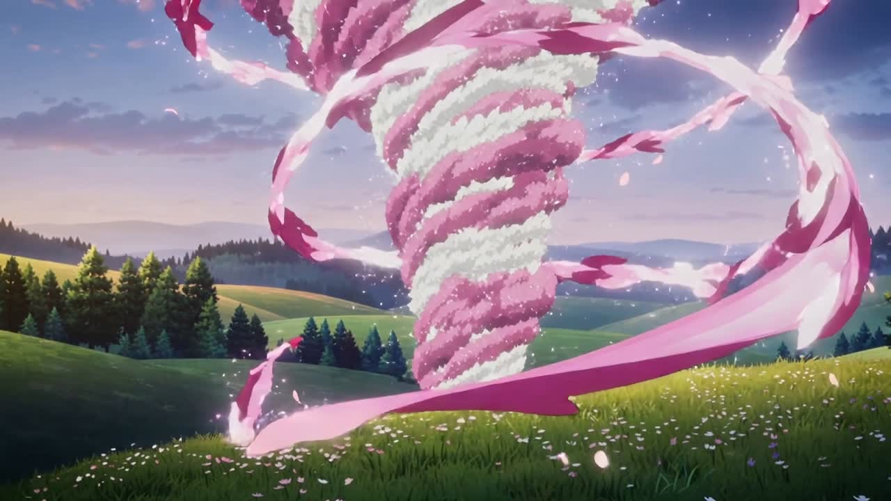 牧草地から現れるピンクと白の渦。花びらを散らし、弧を描くリボンを伴い、夕暮れ時に注目を集める。