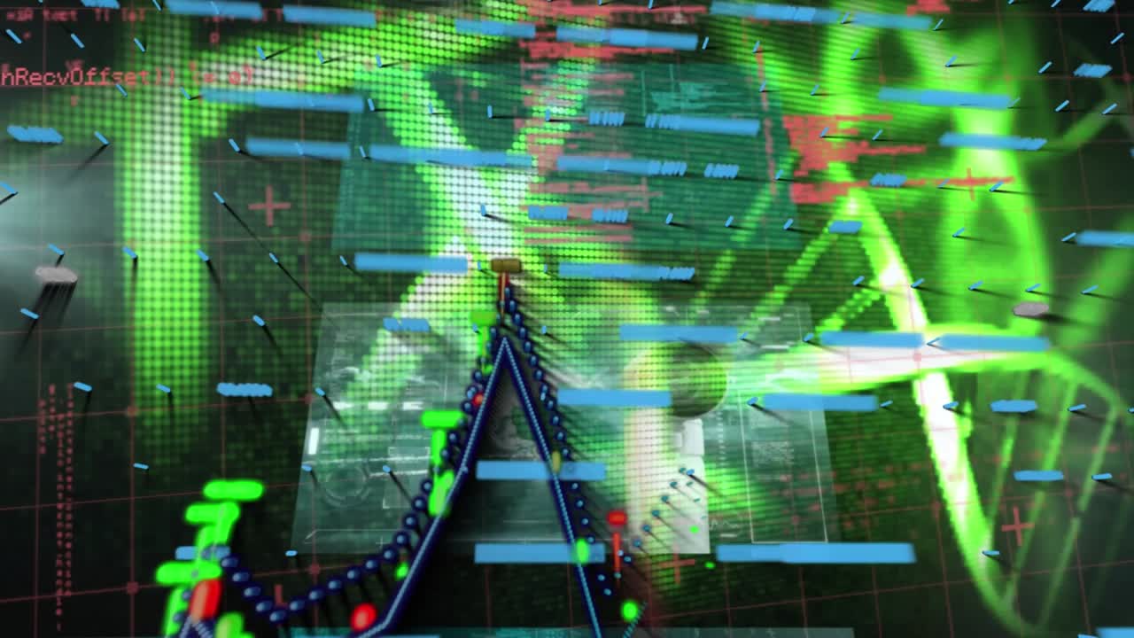 Animation of financial data processing and lights over dark background