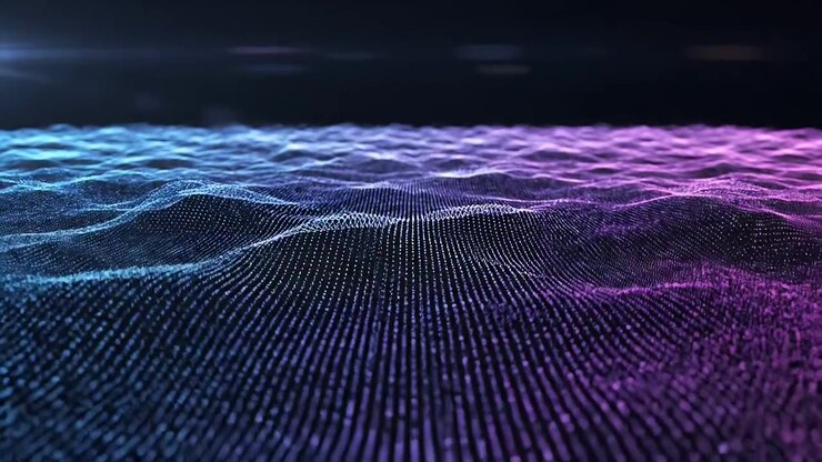 Onda digitale astratta di particelle blu e viola
