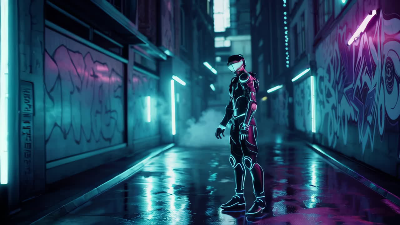 Cyberpunk Figure in Neon City Alley