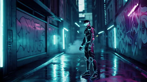 cyberpunk figure in neon city alley