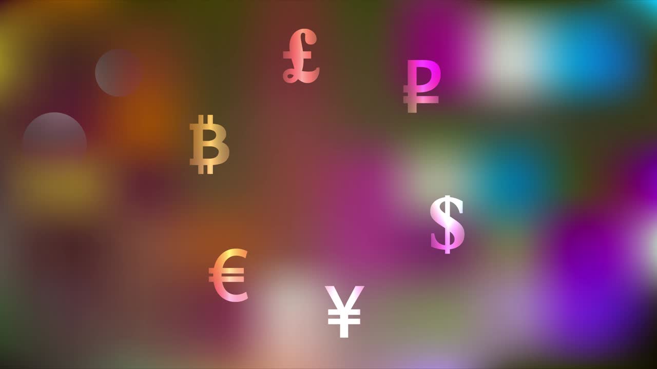 Simboli di Bitcoin e valute mondiali ruotano su uno sfondo luminoso sfocato in loop.