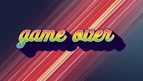 Animation-of-retro-game-over-rainbow-text-over-multiple-red-glowing-stripes-in-the-background