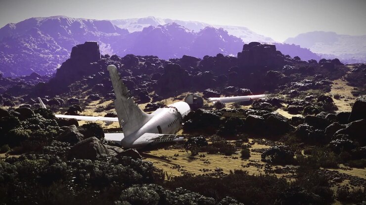 Vast wilderness hosts abandoned aircraft near rugged hillsides