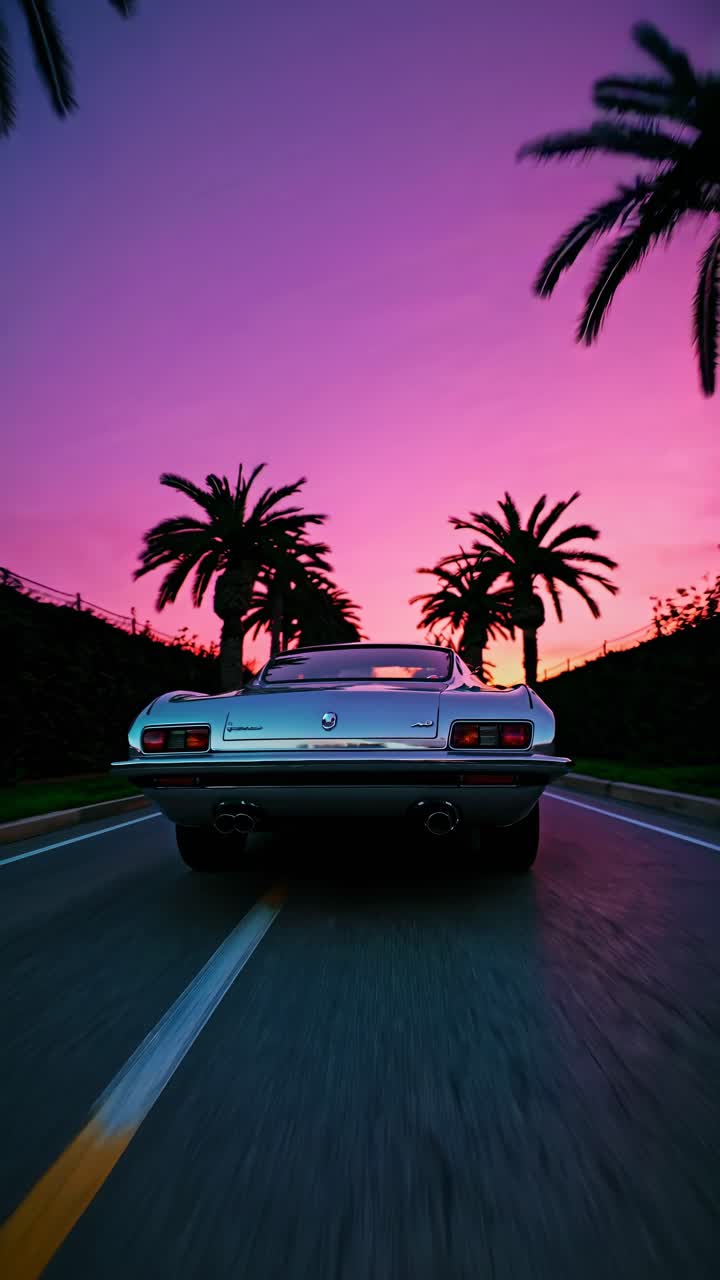 A cinematic video still of a car driving down a palm-lined road at sunset