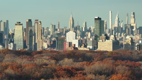 drone shot of the new york city skyline on an autumn day.