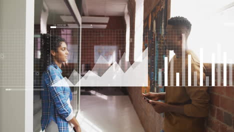 animation of financial data processing over diverse business people in office