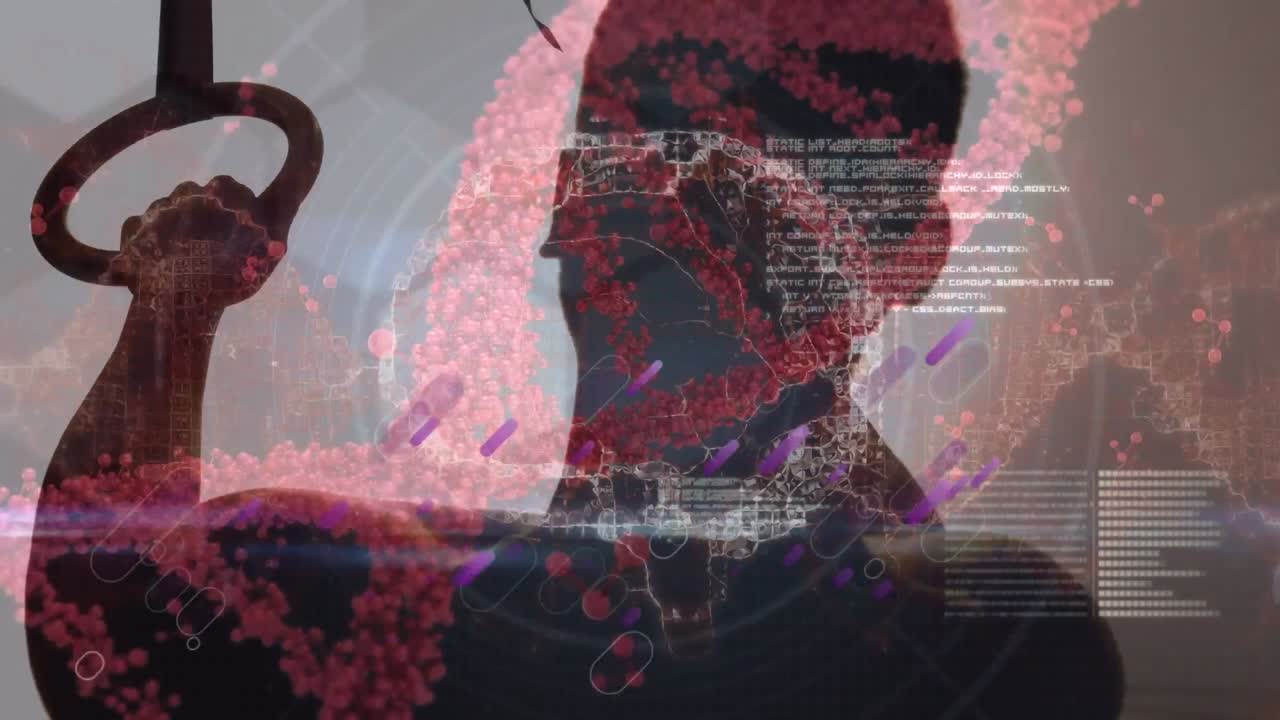 체육관에서 운동하는 스포츠맨에 대한 보라색 트레일과 디지털 두뇌의 애니메이션