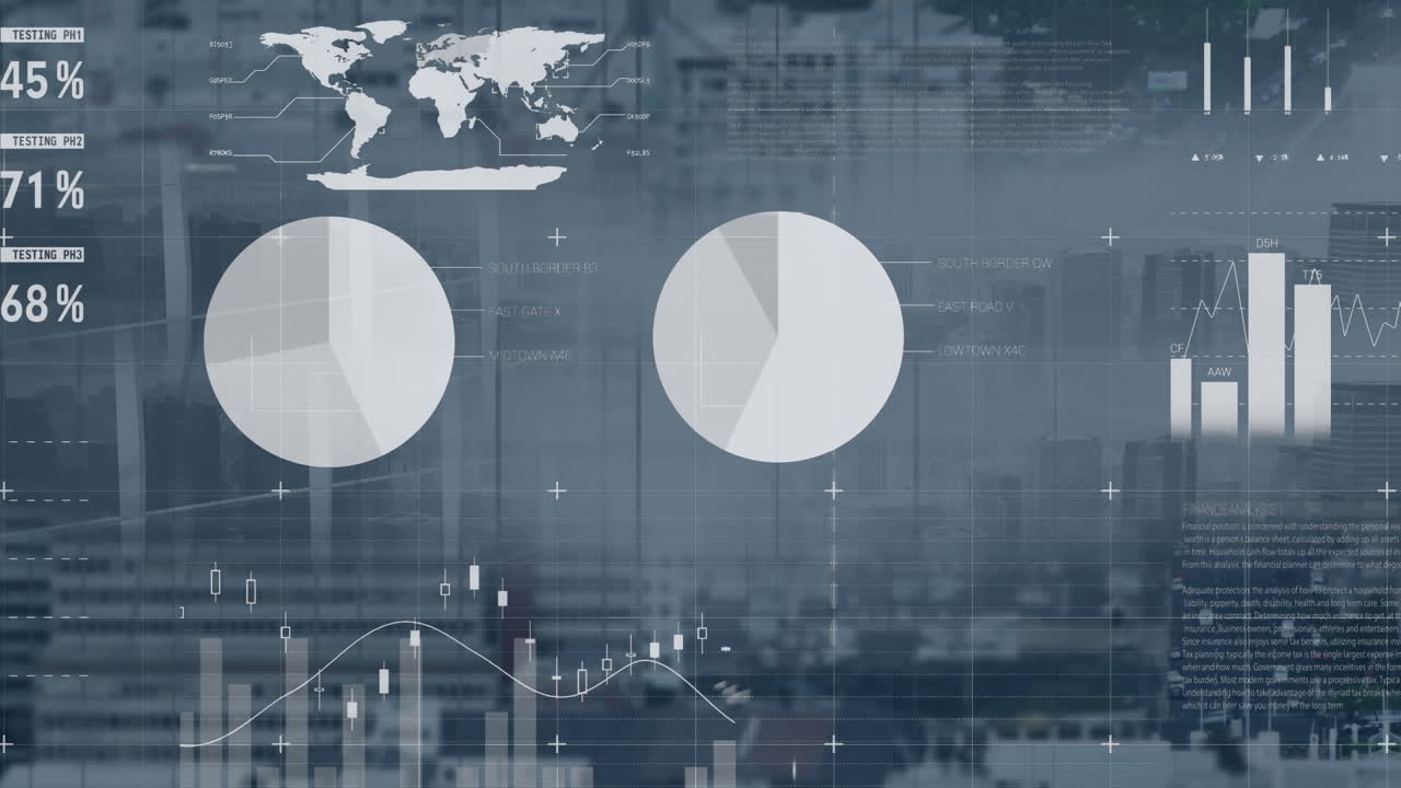 Animation of statistics and data processing over cityscape