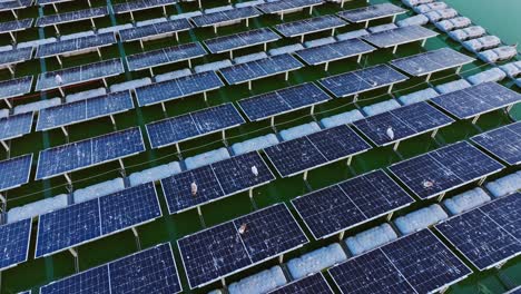 Forward drone over floating solar grid as seagulls rest at water energy site