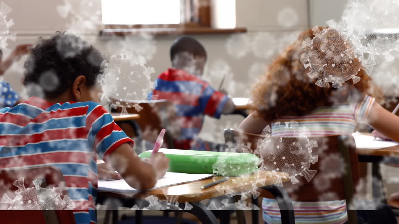Animation of macro covid 19 cells over schoolchildren in classroom