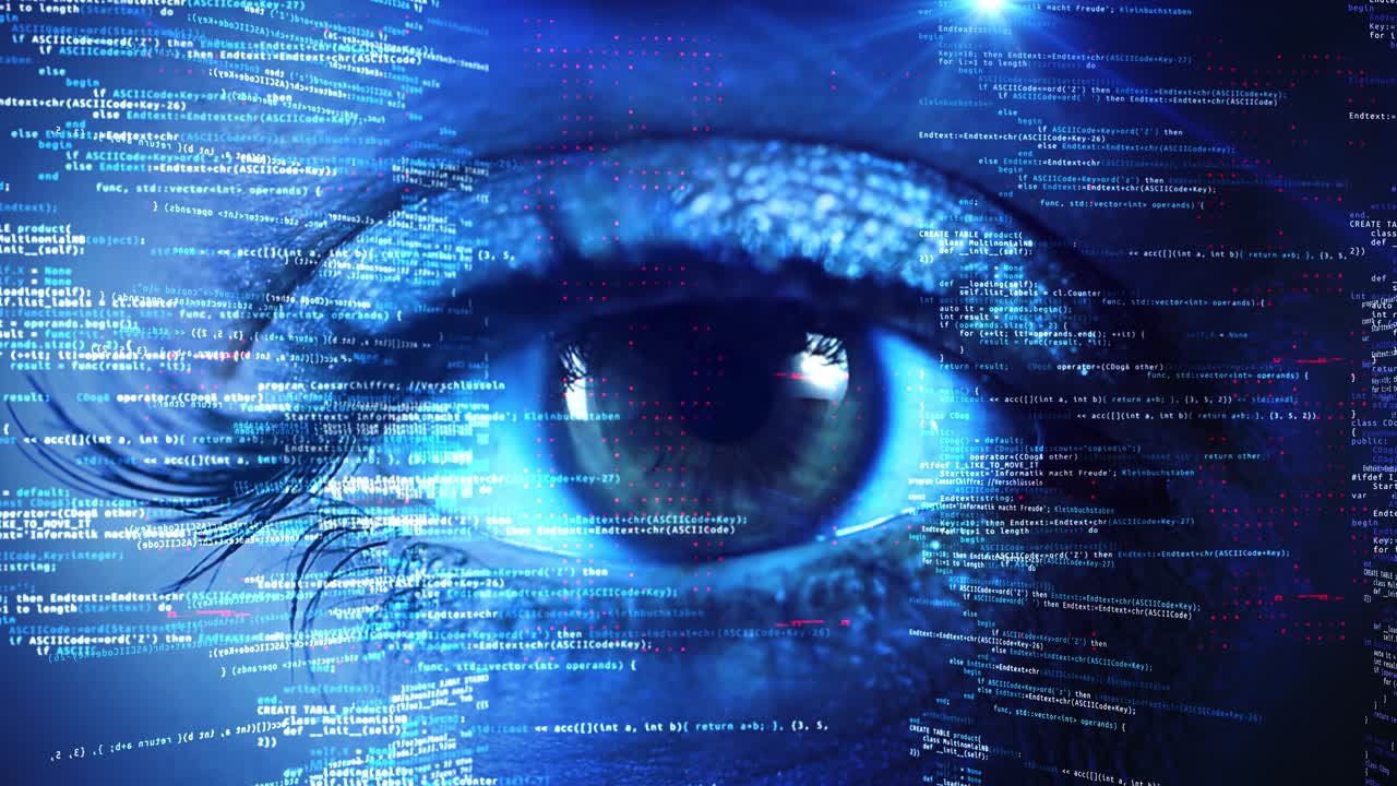 4k technology futuristic data stream in cyberspace eye close up animation science vision on
