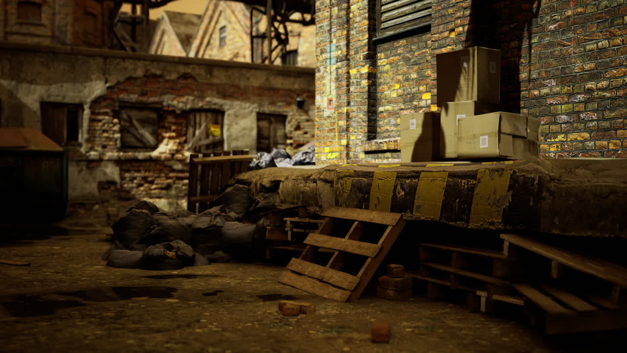 Abandoned urban alleyway with crates and exposed bricks during late afternoon