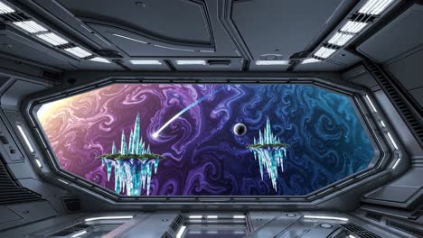 spaceship interior view of floating city in space