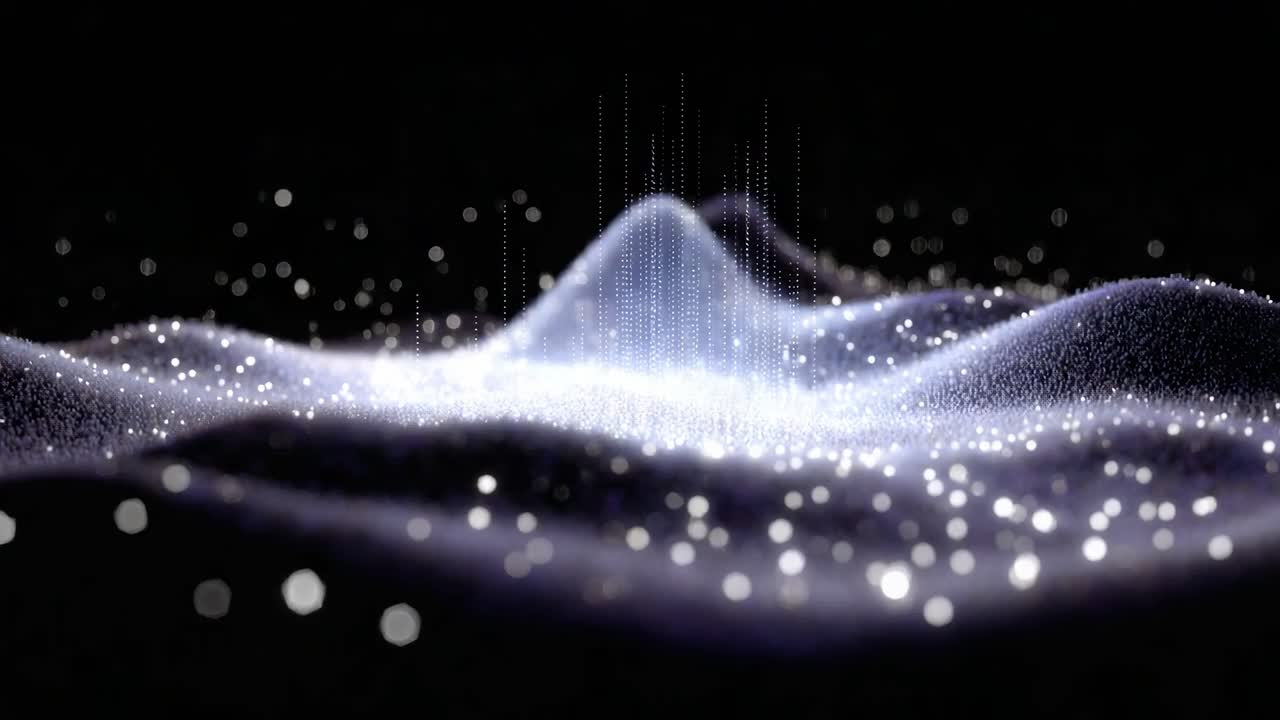 A Mesmerizing Visualization of Dynamic Waves and Sparkling Particles in a Dark Background, Evoking a Sense of Depth and Motion in Digital Artistry