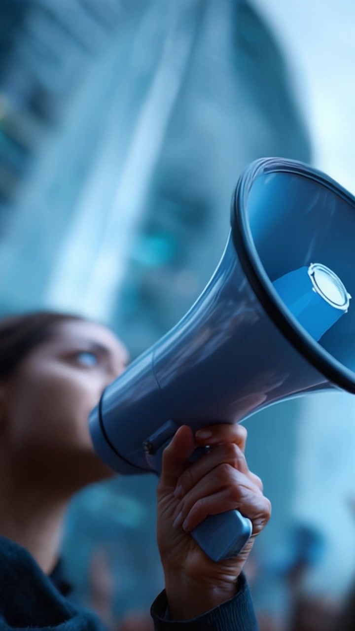 Individuo determinato che usa un megafono per promuovere il cambiamento, dimostrando passione e impegno per le cause in un'atmosfera vibrante e coinvolgente.