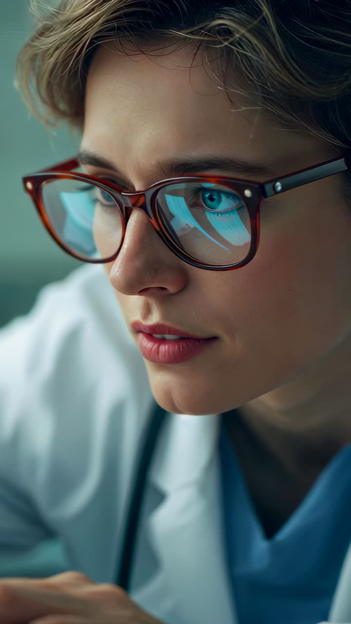 Vertical video: Reacting to blue screen doctor in coat and scrubs with glasses smiling in clinic