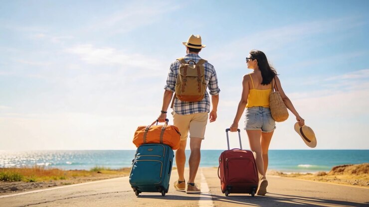 Pareja caminando tirando de maletas con ruedas por una carretera costera hacia la playa, llevando sombreros de paja.