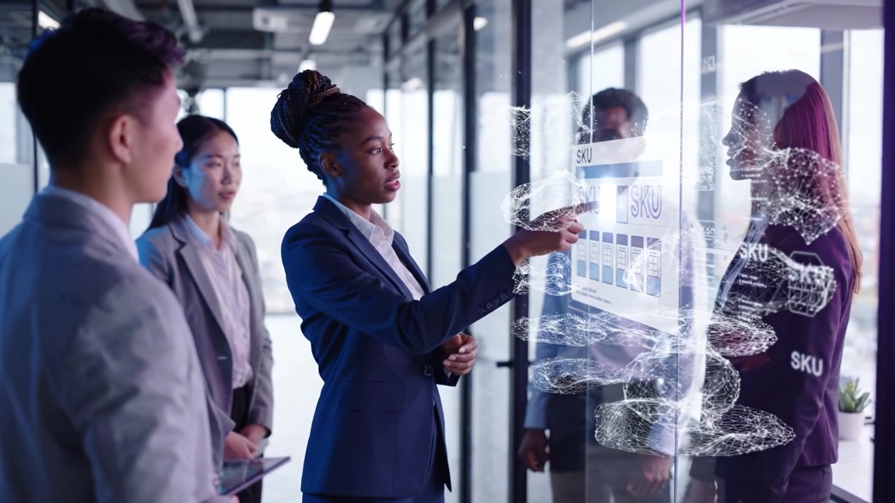 Réunion d'affaires engageante avec une équipe diversifiée analysant des données sur un écran numérique dans un bureau moderne, explorant les tendances et les perspectives au-delà des méthodes conventionnelles.