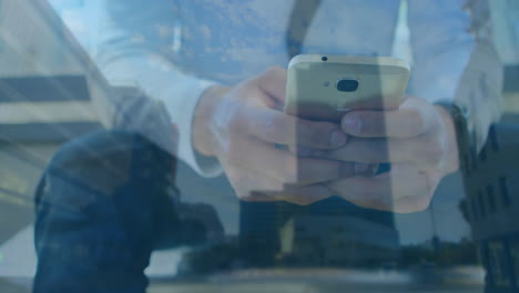 animación de un hombre usando un teléfono inteligente sobre el paisaje urbano