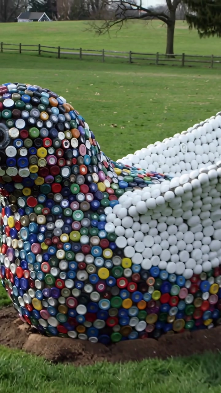 Vertical video: Pulling back camera revealing bird sculpture at park, with thousands of caps