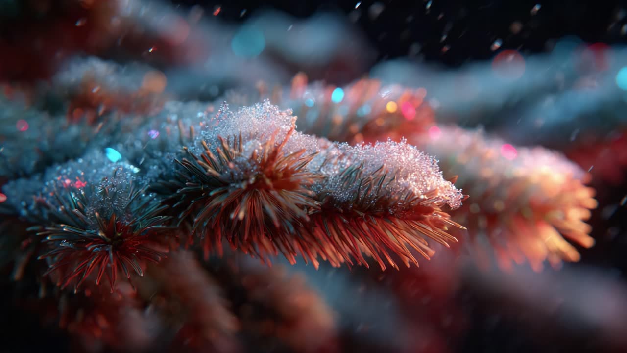 A Close-Up View of Snow-Covered Pine Branches Glimmering Under Colorful Lights, Capturing the Essence of Winter's Beauty and the Holiday Spirit