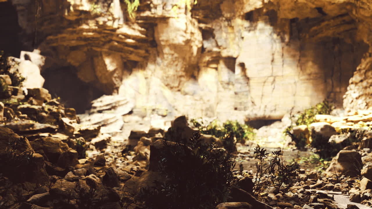 Exploring a serene cavern with natural rock formations and greenery