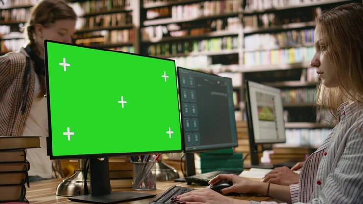 Mockup con schermo verde su desktop del computer vicino a uno studente a un tavolo condiviso della biblioteca.
