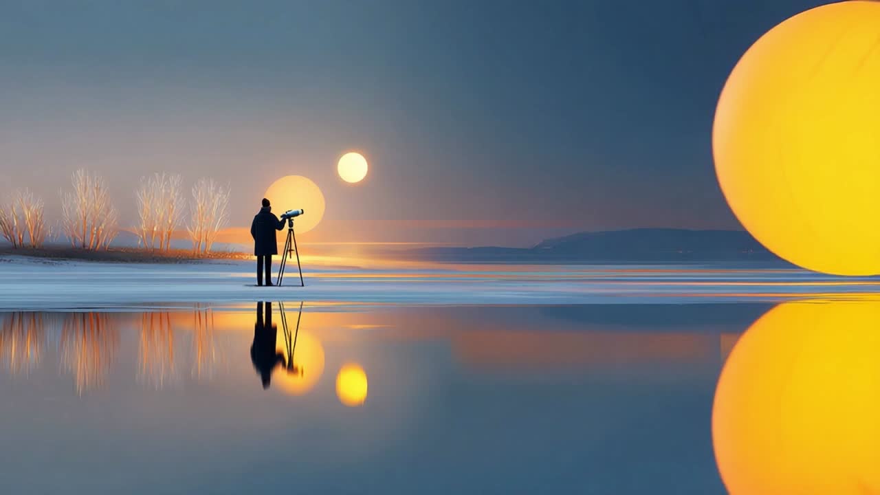 A Serene Landscape of Reflection and Exploration: A Figure Observes the Sunset with a Telescope, Surrounded by Vibrant Colors and Nature's Tranquility by the Water's Edge