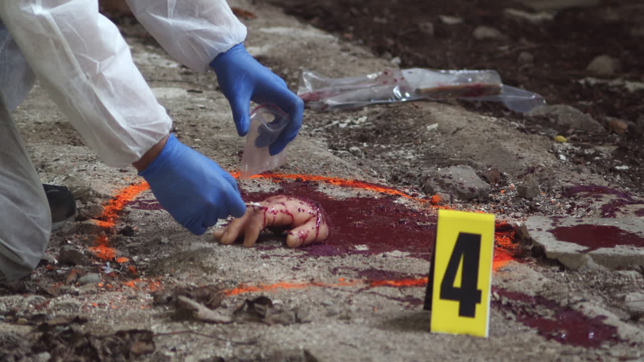 Forensic detective, taking a blood or DNA sample from the scene of a horrific crime