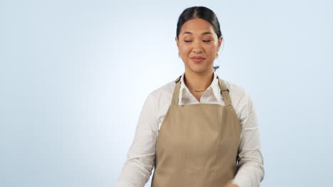 Woman,-sale-and-sign-with-smile-for-cafe