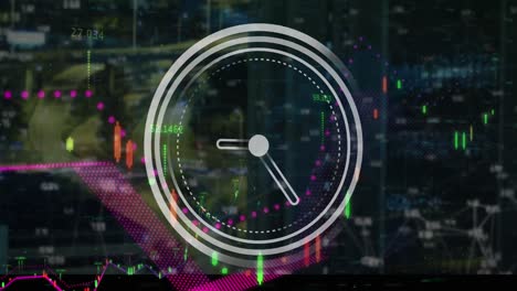 animation of ticking clock over financial data processing against aerial view of cityscape at night