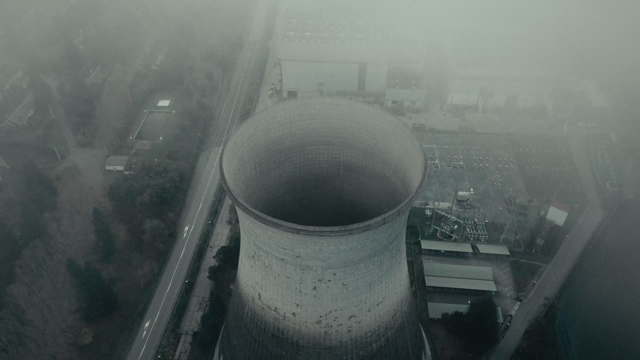 Vista aerea di una grande torre di raffreddamento industriale nella fitta nebbia