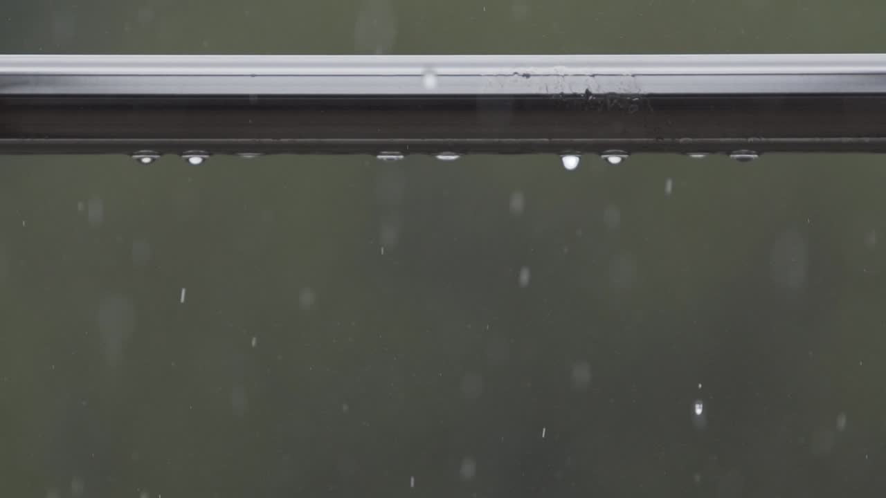 Close-up video of rain drops falling from railing