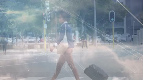 animation of network of connections over woman with suitcase in city