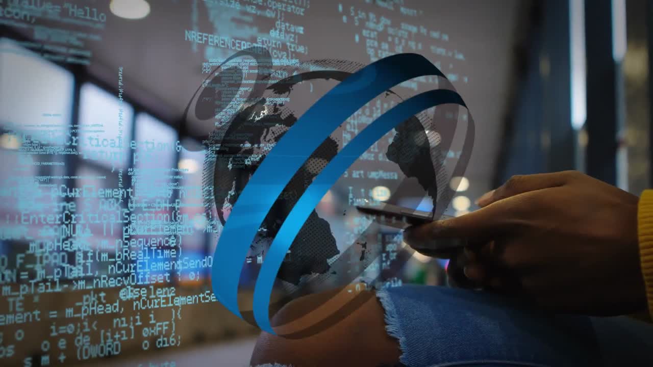 Animation of data processing and globe over man using smartphone