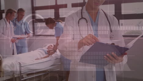 diverse doctors holding clipboards and talking to caucasian female patient in bed over data
